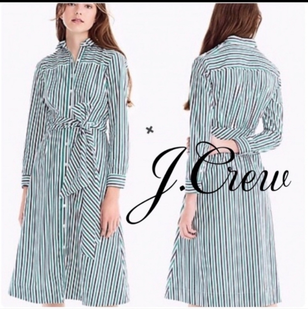 J. Crew blue green Tie-waist shirtdress in stripe 2